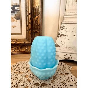 Vintage Fenton Blue Satin Hobnail Fairy Lamp — 2 Piece Glass Candle Holder